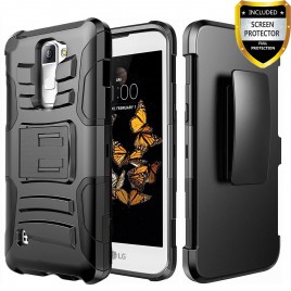 LG K8V Case, Dual Layers [Combo Holster] Case And Built-In Kickstand Bundled with [Premium Screen Protector] Hybird Shockproof And Circlemalls Stylus Pen (Black)